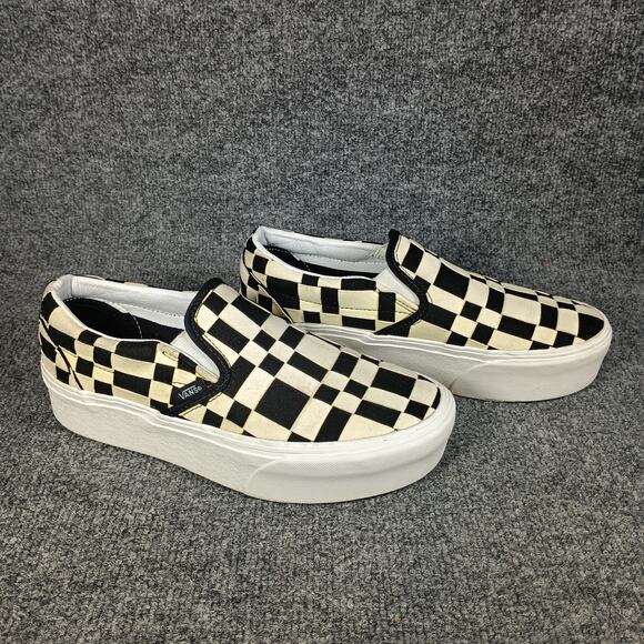 Vans Slip Ons Women Size 9 Black White Checkered Platform Woven - Picture 1 of 8